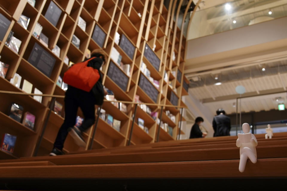 Books of Haruki Murakami are displayed at the university's new international house of literature as known as The Haruki Murakami Library at Waseda University Wednesday, Sept. 22, 2021 in Tokyo. The new literary center opening next month on the university campus is no ordinary kind. It's designed by renowned Japanese architect Kengo Kuma and featuring the world of Murakami and his works. (AP Photo/Eugene Hoshiko)