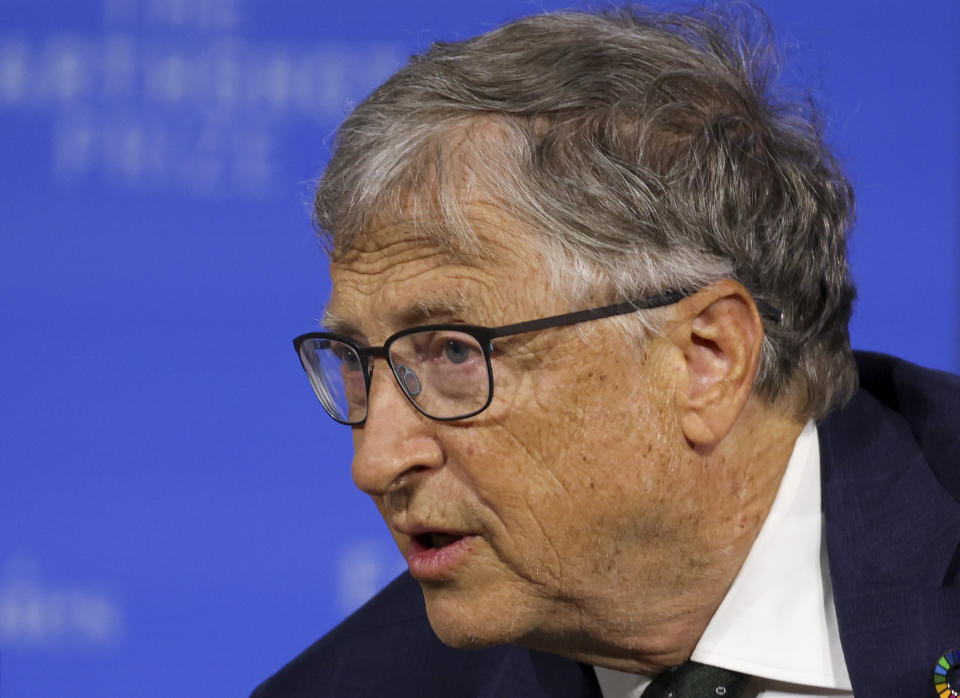 FILE - Former Microsoft CEO Bill Gates listens as he attends the Earthshot Prize Innovation Summit in New York, Tuesday, Sept. 19, 2023. On Friday, Oct. 13, The Associated Press reported on stories circulating online incorrectly claiming Gates obtained approval for an “air vaccine” that will be administered without people’s approval.(Shannon Stapleton/Pool via AP, File)