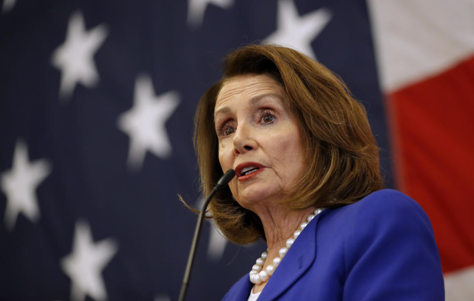 House Minority Leader Nancy Pelosi, D-California, speaks during the Polk County Democrats Spring Dinner, Sunday, May 6, 2018, in Des Moines, Iowa. (AP Photo/Charlie Neibergall)