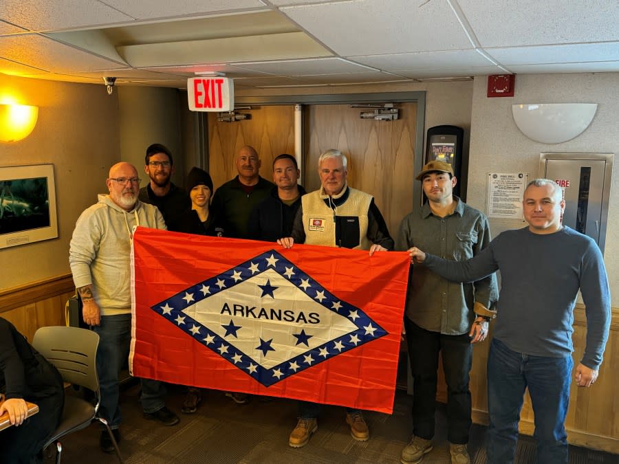 Congressman Womack displays the Arkansas flag with Arkansans serving in the United States Antarctic Program (USAP). Travis Ribordy, a Fleet Operator from Fort Smith, and Aaron Rye, a firefighter from Bentonville, are both Third Congressional District Arkansans. Other Arkansans working in Antarctica include Cody Spillane, Matthew Eisele, Jason Jarmon, and Brice Jackson.