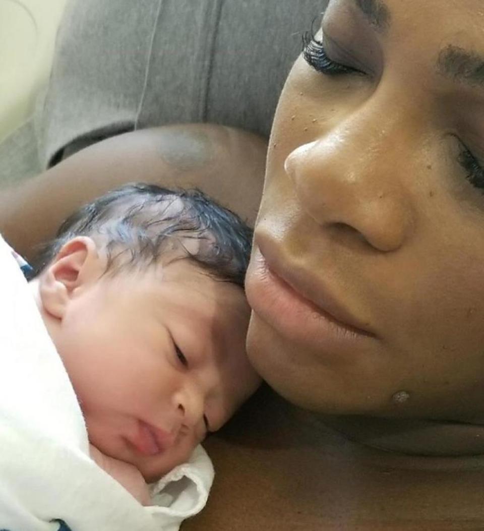 New mum: Serena Williams with her daughter Alexis minutes after she was born (@serenawilliams)