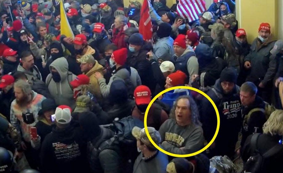 The FBI says William Cotton and others were chanting "traitor" when this image was taken inside the U.S. Capitol on Jan. 6, 2021.