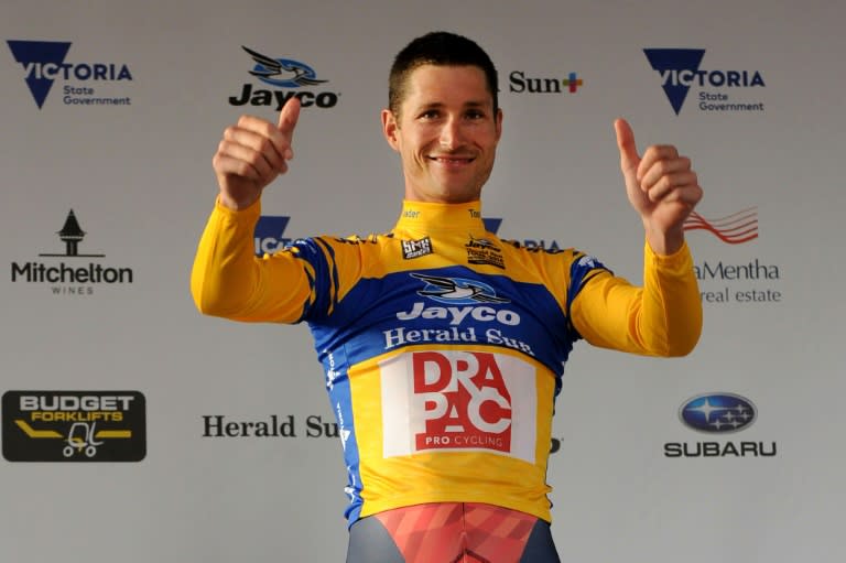 Drapac Pro Cycling rider William Clarke celebrates after winning the the prologue stage of the 2016 Herald Sun Tour cycling race in Melbourne on February 3, 2016