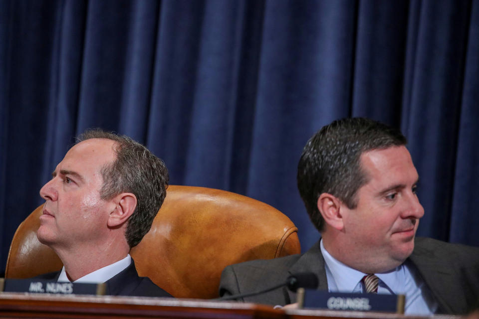 U.S. House Intelligence Committee Chairman Adam Schiff (D-Calif.) and ranking member Devin Nunes (R-Calif.) listen during a hearing for the impeachment inquiry into U.S. President Donald Trump on November 19, 2019. (Jonathan Ernst/Reuters) 