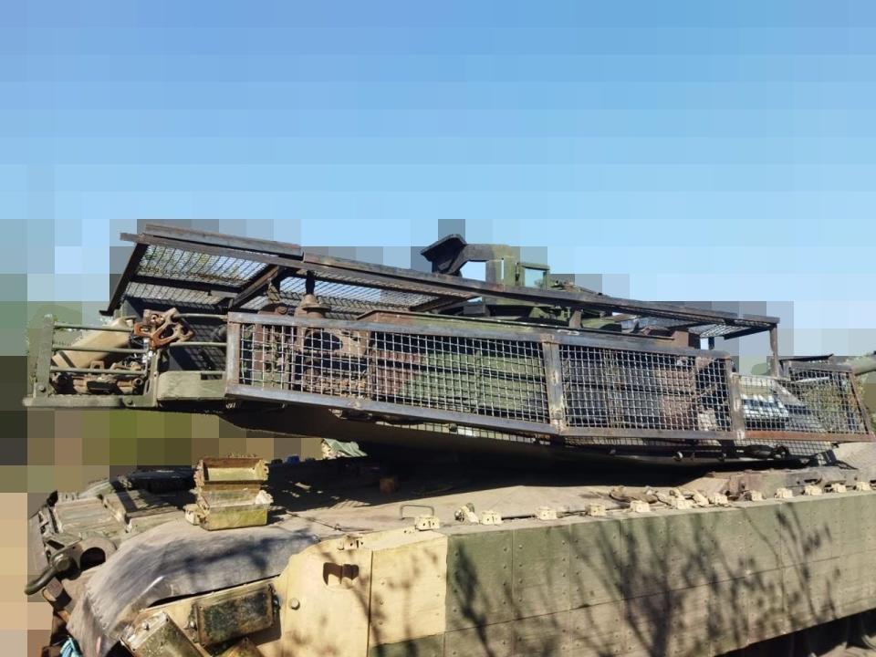 An M1 Abrams tank with protective screens in May.