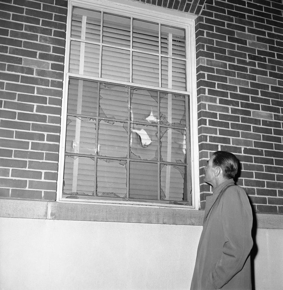 Rioting University of Georgia students broke all but two panes in this dormitory window on Jan. 12, 1961, in Athens during a riot that forced the withdrawal of African American students Charlayne Hunter and Hamilton Holmes. The two African Americans had been attending the university under federal orders.