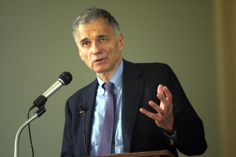 Ralph Nader speaks to students at Queens University of Charlotte in Charlotte, N.C., on, March 25, 2004. On August 19, 1996, the Green Party nominated Nader as its presidential candidate. File Photo by Nell Redmond/UPI