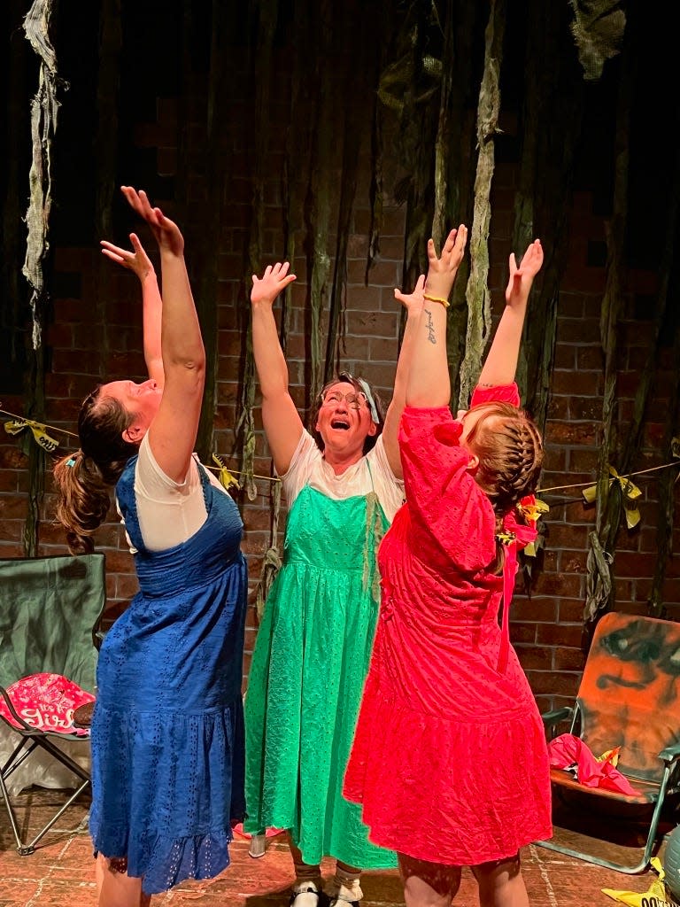Emma Hennessy as Libby, Sandra Basile as Eleanor and Lily Anderson as Marigold in a tense moment but still looking up in "Three Little Girls Down A Well."
