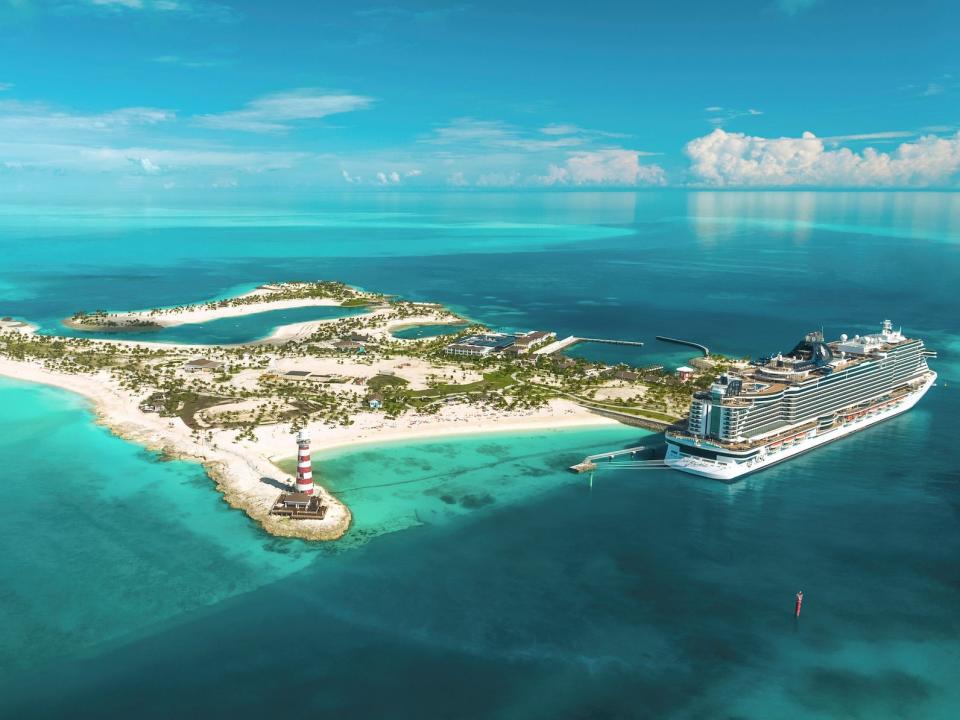 An aerial view of MSC Cruises' Ocean Cay private island and the surrounding ocean.