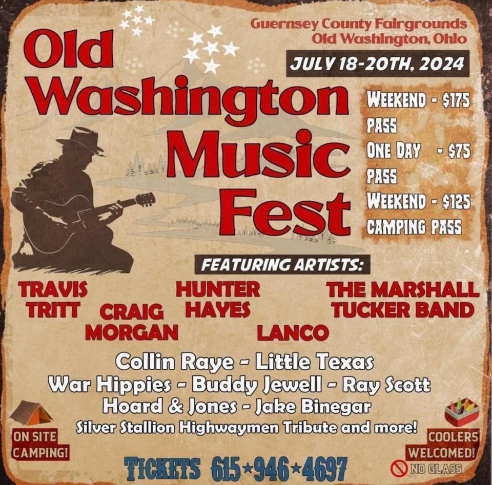 The Old Washington Music Fest will be held July 18-20 at the Guernsey County fairgrounds in Old Washington.