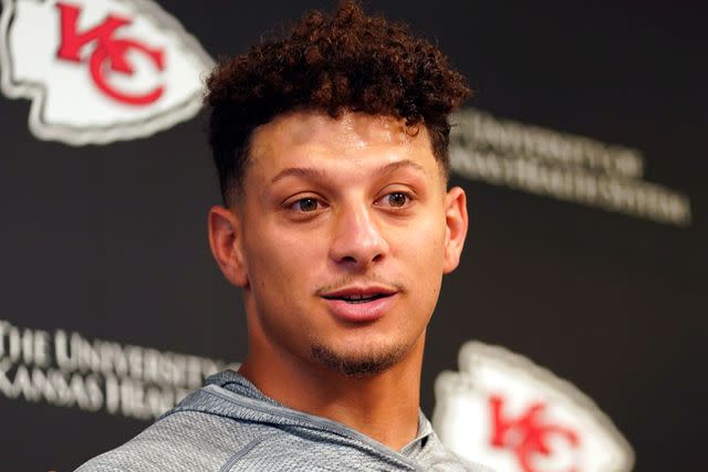 <p>Kyle Rivas/Getty</p> Patrick Mahomes #15 of the Kansas City Chiefs speaks to the press