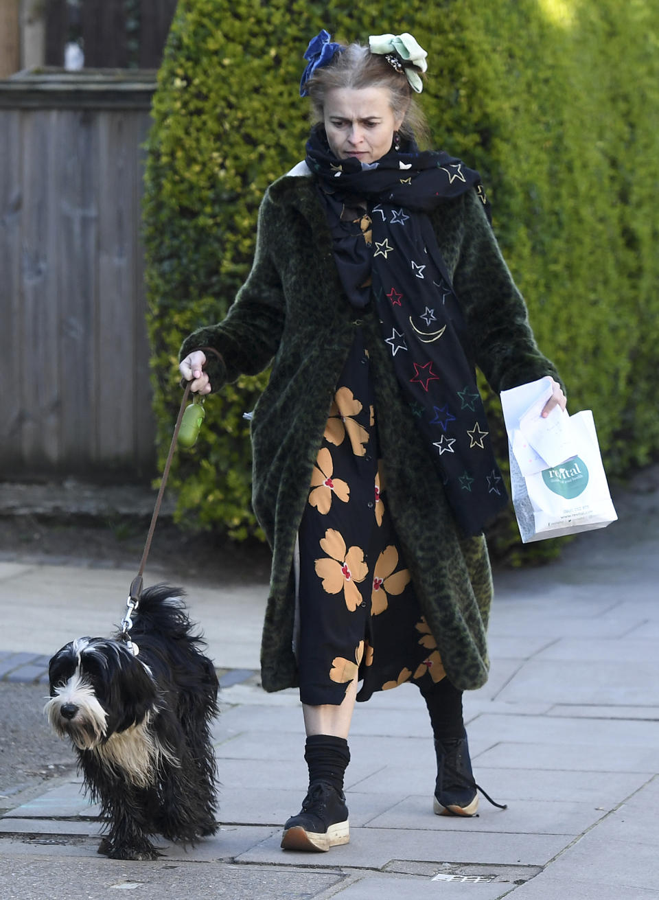 <p>Also hanging with a furry friend on Monday, Helena Bonham Carter, who walks her dog in London.</p>