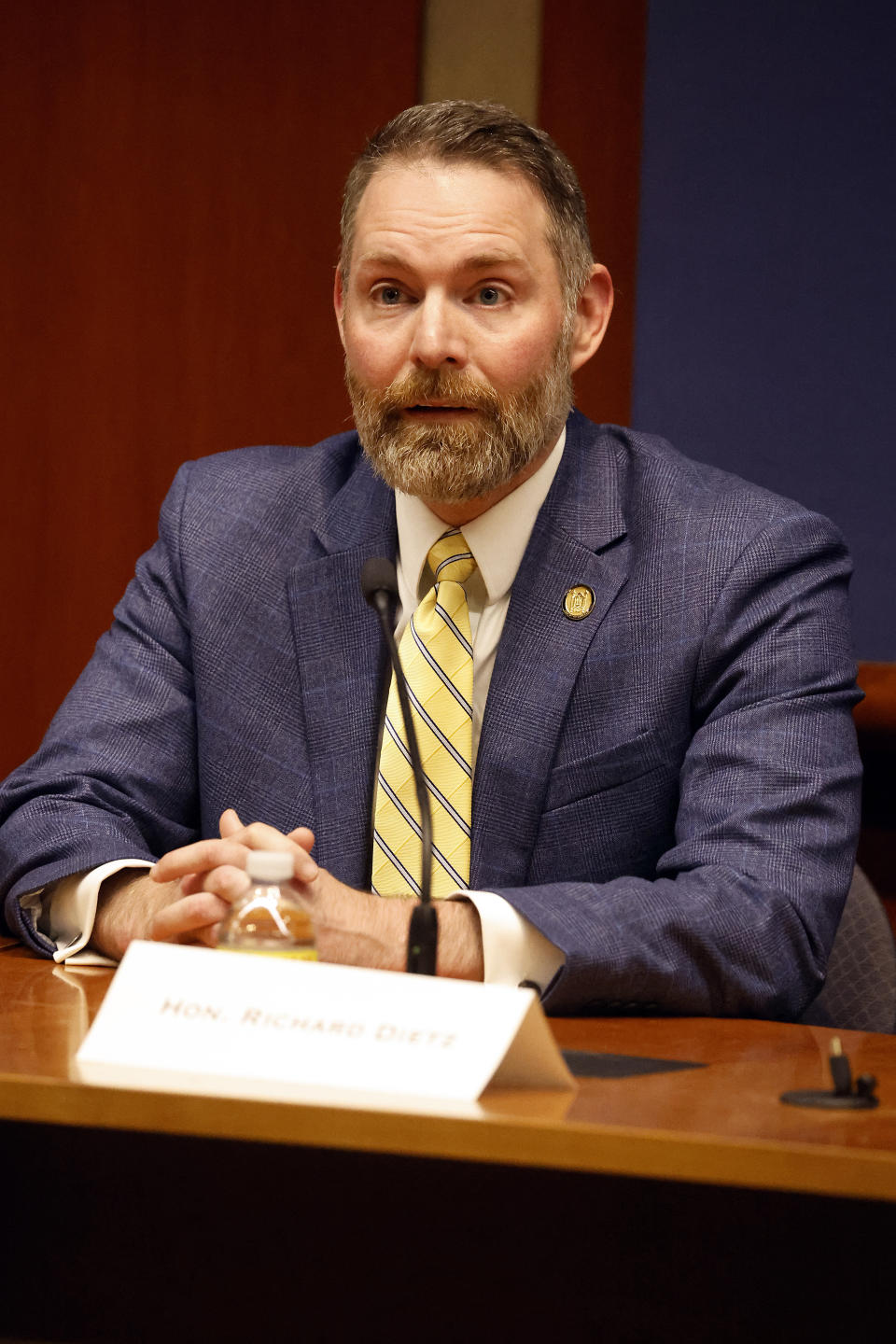 Court of Appeals Judge Richard Dietz answers a question at the North Carolina Supreme Court Candidate Forum at Duke University Law School in Durham, N.C., Wednesday, Oct. 26, 2022. (AP Photo/Karl DeBlaker)