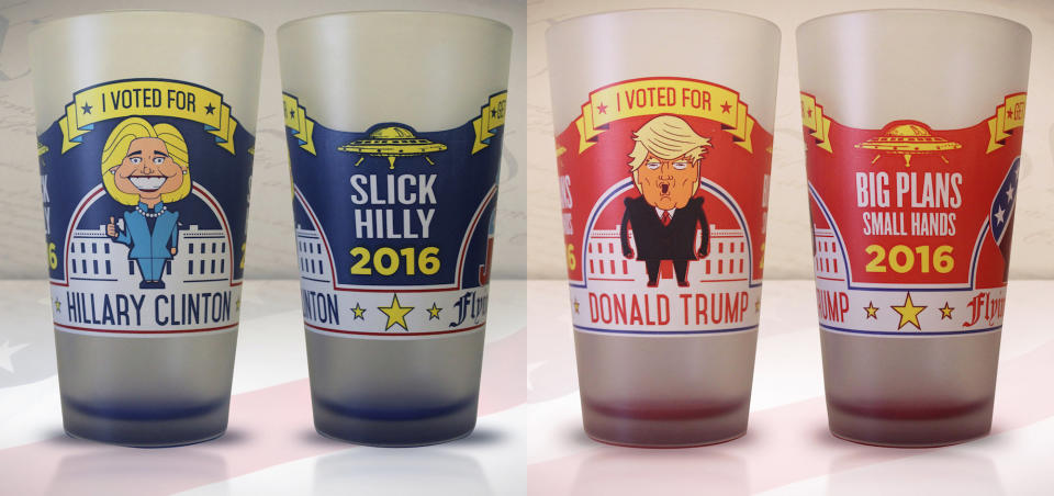 If this election is driving you to drink, better to guzzle via a <a href="https://electionglass.beerknurd.com" target="_blank">campaign-themed glass.</a>  (ElectionGlass.BeerKnurd.com, $15 each, $25 pair)