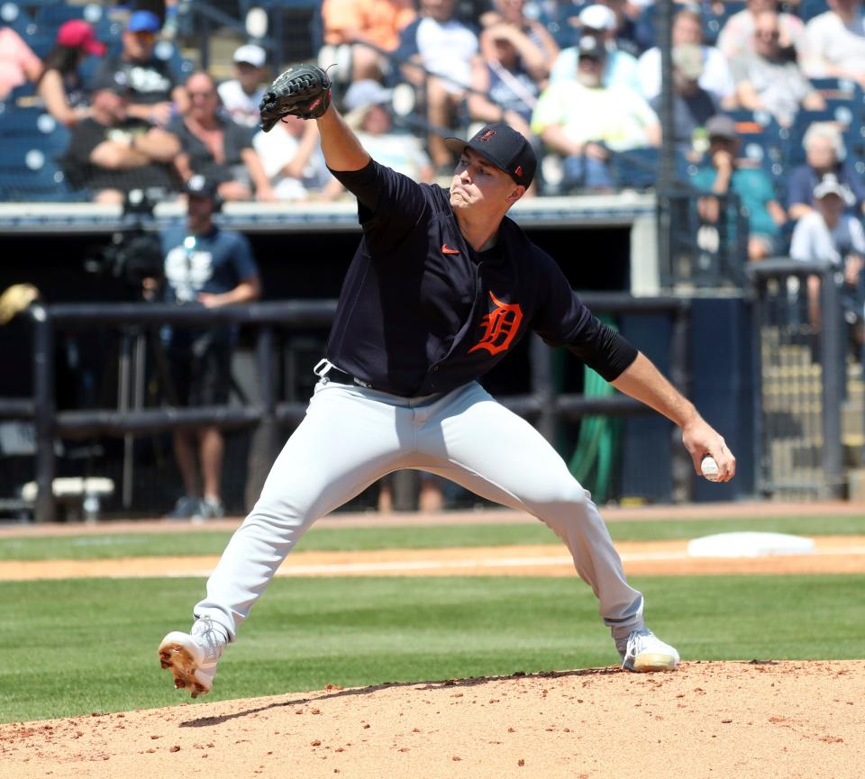 Tigers pitcher Tarik Skubal pitches against the Yankees during the second inning of Grapefruit League action at George M. Steinbrenner Field on Sunday, March 20, 2022, in Tampa, Florida.