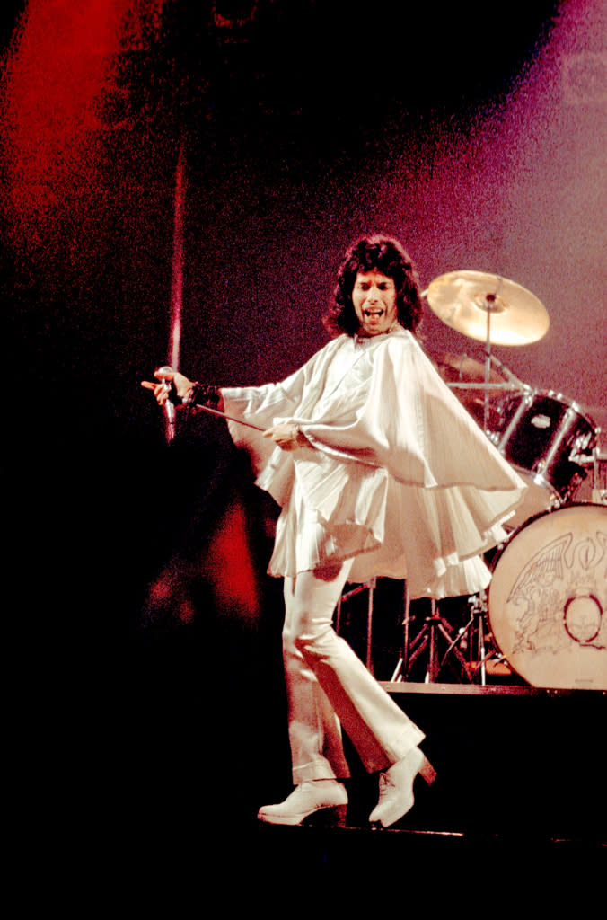 Freddie Mercury in his Zandra Rhodes stage costume, 1974.