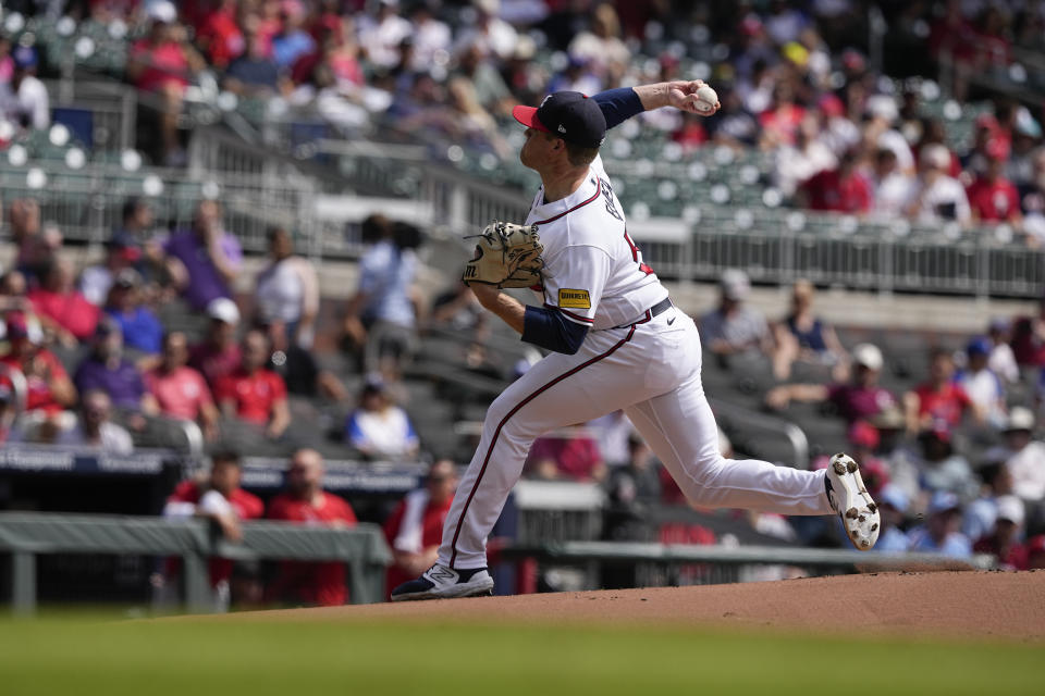 Atlanta Braves starting pitcher Bryce Elder (55) delivers in the first inning of a baseball game against the Philadelphia Phillies, Wednesday, Sept. 20, 2023, in Atlanta. (AP Photo/Brynn Anderson)