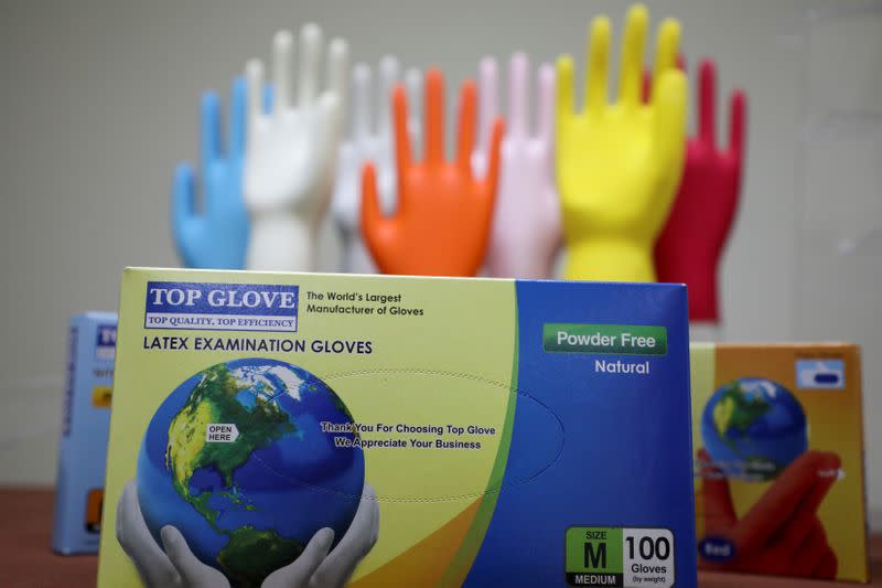 Top Glove products are pictured on display at its headquarters in Shah Alam