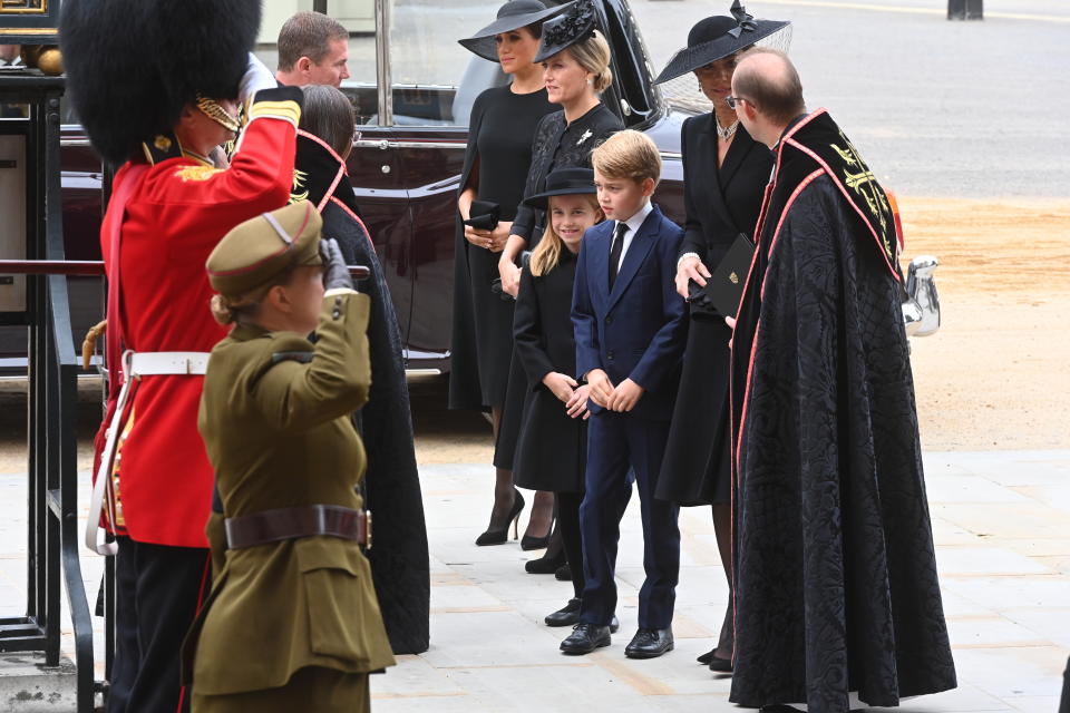 <p>The Duchess of Sussex, the Countess of Wessex, the Princess of Wales, Princess Charlotte and Prince George arrive for the Queen's funeral. (PA)</p> 