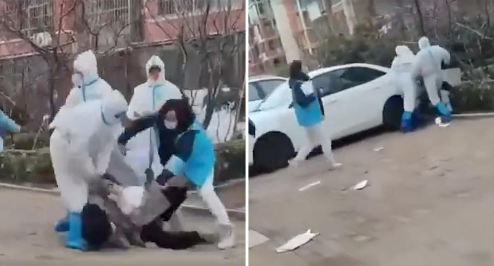 Several people were attacked by pandemic workers in the video. Source: Weibo