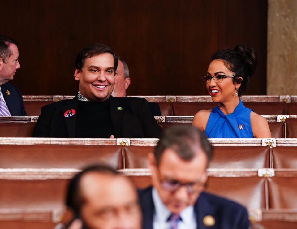 Former Rep. George Santos and Rep. Lauren Boebert before the State of the Union earlier this month.