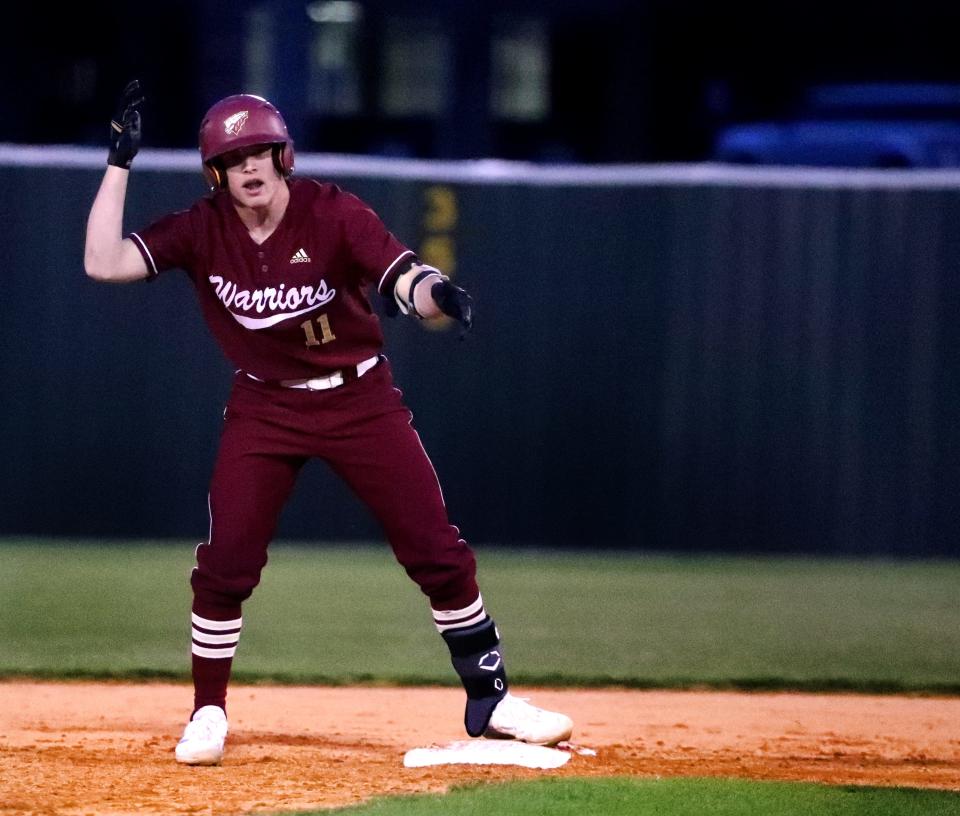 Riverdale's Bradley Pippin celebrates a double during a recent game. Pippin drove in four with a double and homer in Sunday's 9-4 win over Smyrna.