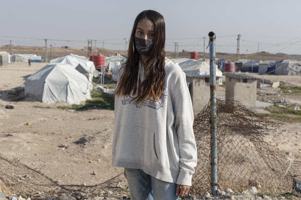 ROJ CAMP, NE SYRIA - NOVEMBER 17: British-born Shamima Begum from Bethnal Green in London, who joined Islamic State in Syria aged 15 in 2015, is photographed at Roj Camp, where she is currently interred with other women who were members of Islamic State, on November 17, 2021, in Roj camp, Syria. (Photo by Sam Tarling/Getty Images)