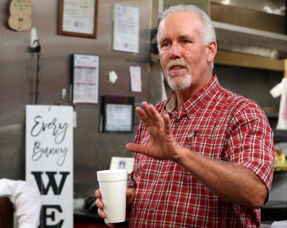 Joe Carr makes a speech to those that came to his election result party at Slick Pig BBQ on Tuesday, May 3, 2022, after results came in showing that he was around 650 votes ahead of Rhonda Allen in the Rutherford County Mayor's race. It was later announced that Carr unseated Bill Ketron as Rutherford County Mayor. 