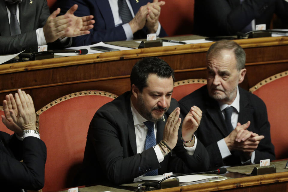 The League leader Matteo Salvini attends a debate at Senate, prior to a vote on lifting his parliamentary immunity, on the case of an Italian coast guard ship Gregoretti, which was blocked for days when he was Minister of Interior before letting migrants disembark. (AP Photo/Andrew Medichini)