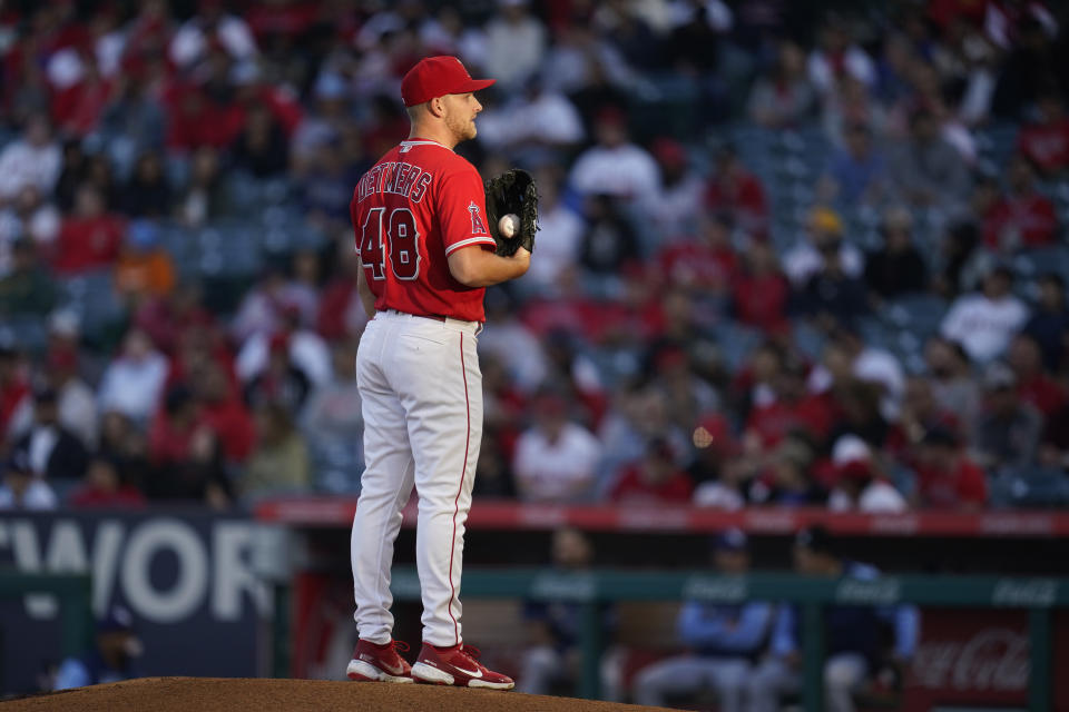 Los Angeles Angels starting pitcher Reid Detmers (48) stands on the mound during the first inning of a baseball game against the Tampa Bay Rays in Anaheim, Calif., Tuesday, May 10, 2022. (AP Photo/Ashley Landis)
