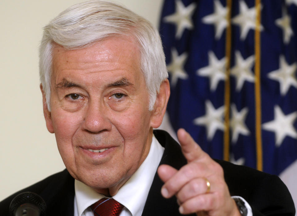 FILE - In a Jan. 16, 2008 file photo, U.S. Senator Richard Lugar, R-Ind., chairman of the U.S. Senate's Foreign Relations Committee, points during a press conference in Kiev, Ukraine. Former Indiana Sen. Richard Lugar, a Republican foreign policy sage known for leading efforts to help the former Soviet states dismantle and secure much of their nuclear arsenal, died Sunday, April 28, 2019 at the Inova Fairfax Heart and Vascular Institute in Virginia. He was 87. (AP Photo/Sergei Chuzavkov, File)