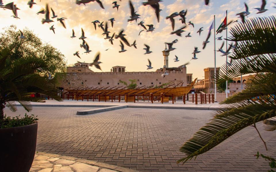 Sunset over Dubai's Al Fahidi district above an old mosque with many seagulls flying around in the United Arab Emirates