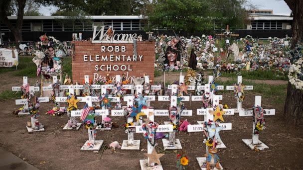 PHOTO: Crosses set up to honor those who lost their lives during the Robb Elementary School shooting in Uvalde, Texas on November 8, 2022. (Mark Felix/AFP /AFP via Getty Images, FILE)