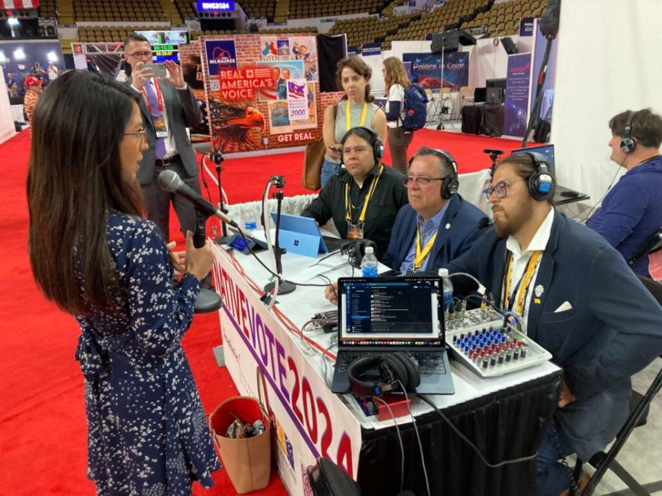  Rep. Lauren Boebert (R-Colorado) discusses Interior Department issues with Native America Calling on Wednesday, July 17, 2024, at the Republican National Convention. (Photo by Art Hughes/Native America Calling)