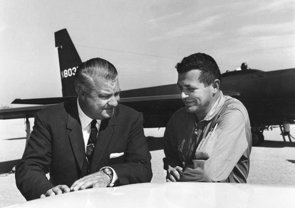 Pilot Francis Gary Powers (R) speaks with U-2 designer Kelly Johnson in this 1966 U.S. Air Force handout photo. Powers was a USAF fighter pilot recruited by the CIA in 1956 to fly civilian U-2 missions deep into Russia. Powers and other USAF Reserve pilots resigned their commissions to become civilians. REUTERS/Lockheed/Handout  (UNITED STATES - Tags: SCIENCE TECHNOLOGY MILITARY POLITICS) FOR EDITORIAL USE ONLY. NOT FOR SALE FOR MARKETING OR ADVERTISING CAMPAIGNS. THIS IMAGE HAS BEEN SUPPLIED BY A THIRD PARTY. IT IS DISTRIBUTED, EXACTLY AS RECEIVED BY REUTERS, AS A SERVICE TO CLIENTS