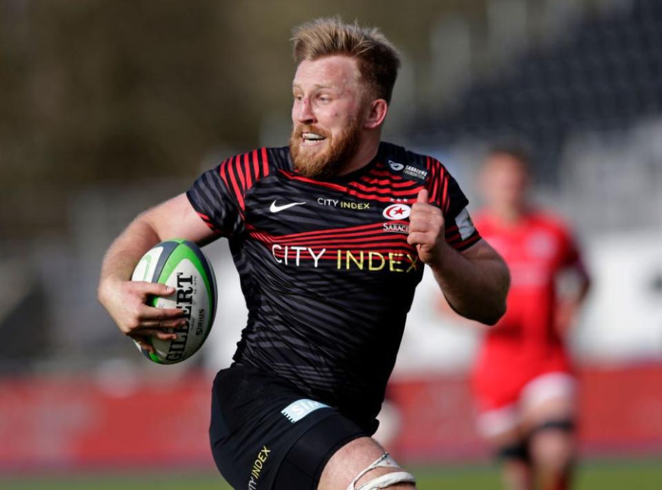 BARNET, ENGLAND - MARCH 13: Jackson Wray of Saracens runs in to score a try during the Greene King IPA Championship match between Saracens and Jersey Reds at StoneX Stadium on March 13, 2021 in Barnet, England. Sporting stadiums around the UK remain under strict restrictions due to the Coronavirus Pandemic as Government social distancing laws prohibit fans inside venues resulting in games being played behind closed doors. (Photo by Henry Browne/Getty Images)