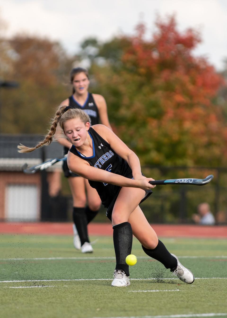 Quakertown's Megan Roth passes in a first-round District One Class 3A playoff game against Central Bucks East, on Monday, October 25, 2021. The Patriots shut out the Panthers, 3-0.