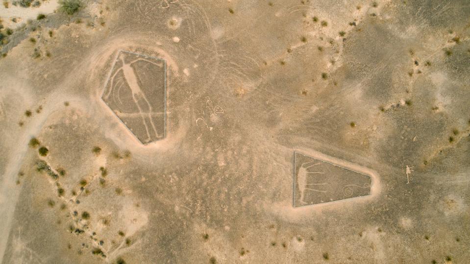 The Blythe Intaglios were created on the desert floor hundreds if not thousands of years ago by Native people for an unknown reason. The tribes view this land as sacred and want to preserve it for future generations. The one on the left appears to be a human figure while the one on the right appears to be an animal.