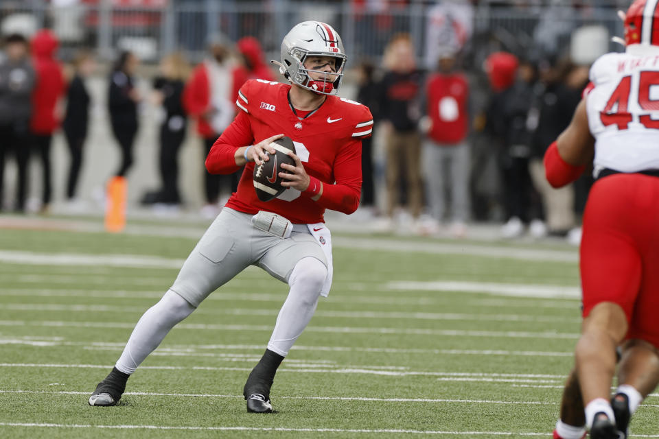 Ohio State quarterback Kyle McCord drops back to pass against Maryland during the second half of an NCAA college football game Saturday, Oct. 7, 2023, in Columbus, Ohio. (AP Photo/Jay LaPrete)