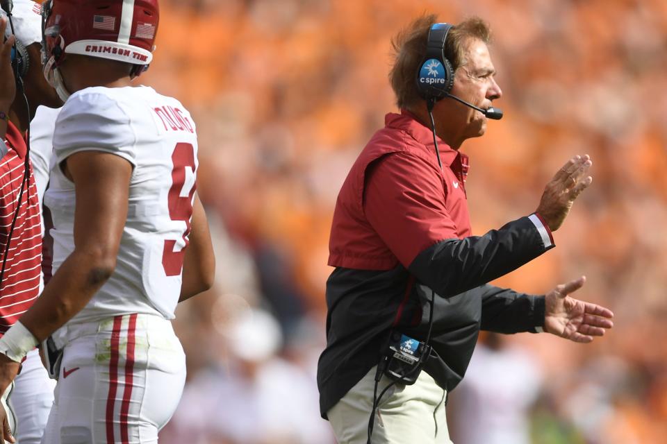 Alabama head coach Nick Saban is seen on the sidelines during a game between Tennessee and Alabama in Neyland Stadium, Saturday, Oct. 15, 2022.