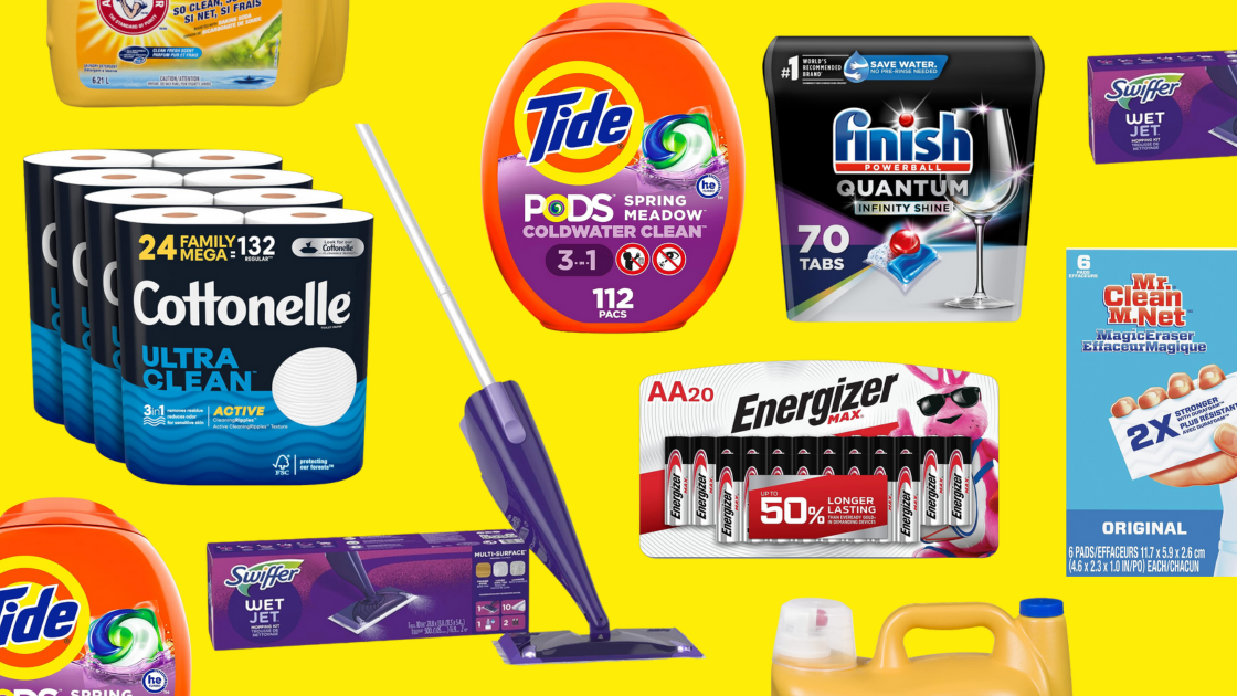 toilet paper, tide pods, mrs clean eraser, cottonelle toilet paper, finish detergent pods, swiffer wet jet, Best cleaning, laundry and home essential deals on Amazon Canada (photos via Amazon)