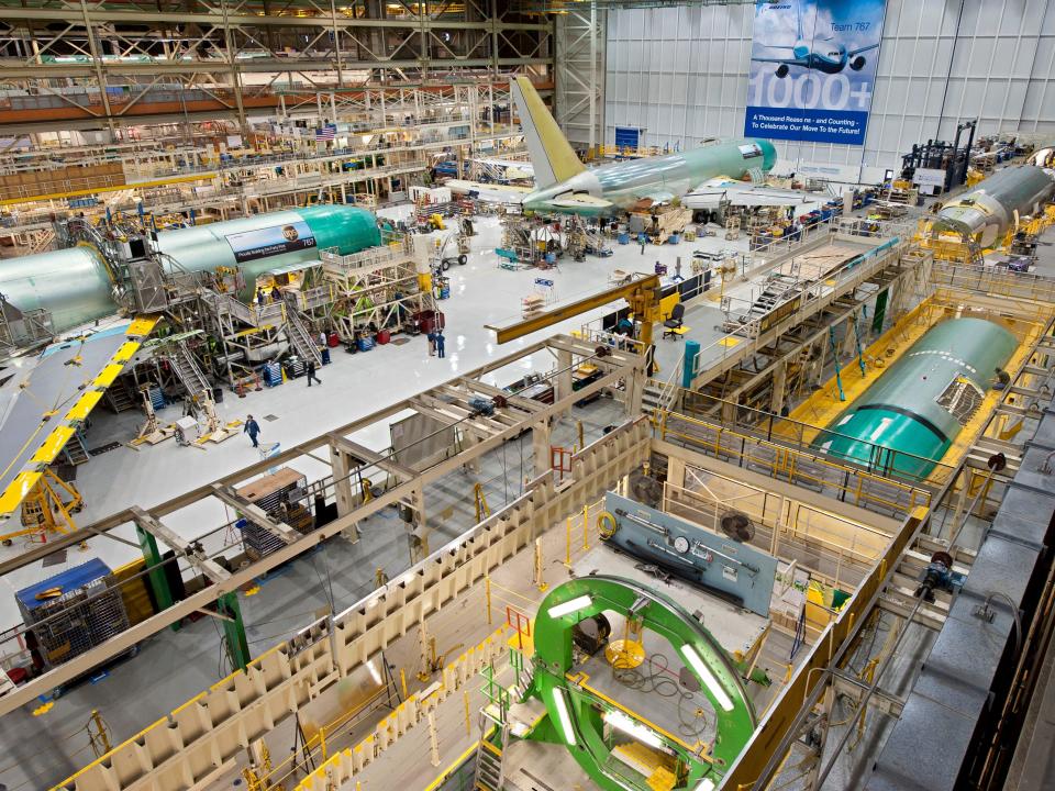 Part of the production line where 767 cargo and military planes are built in Washington.