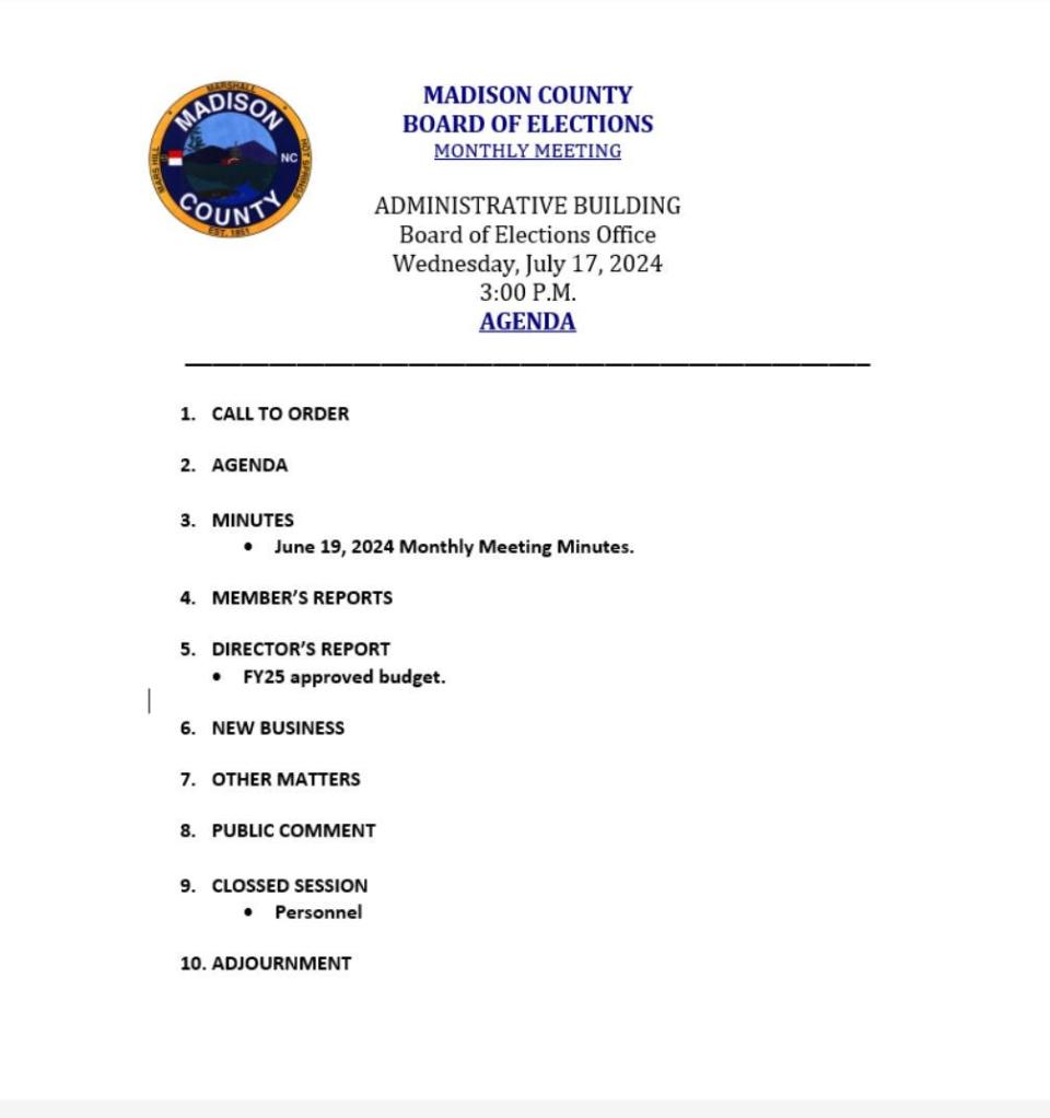 The Madison County Board of Elections July 17 agenda includes an agenda item for a personnel discussion in closed session.