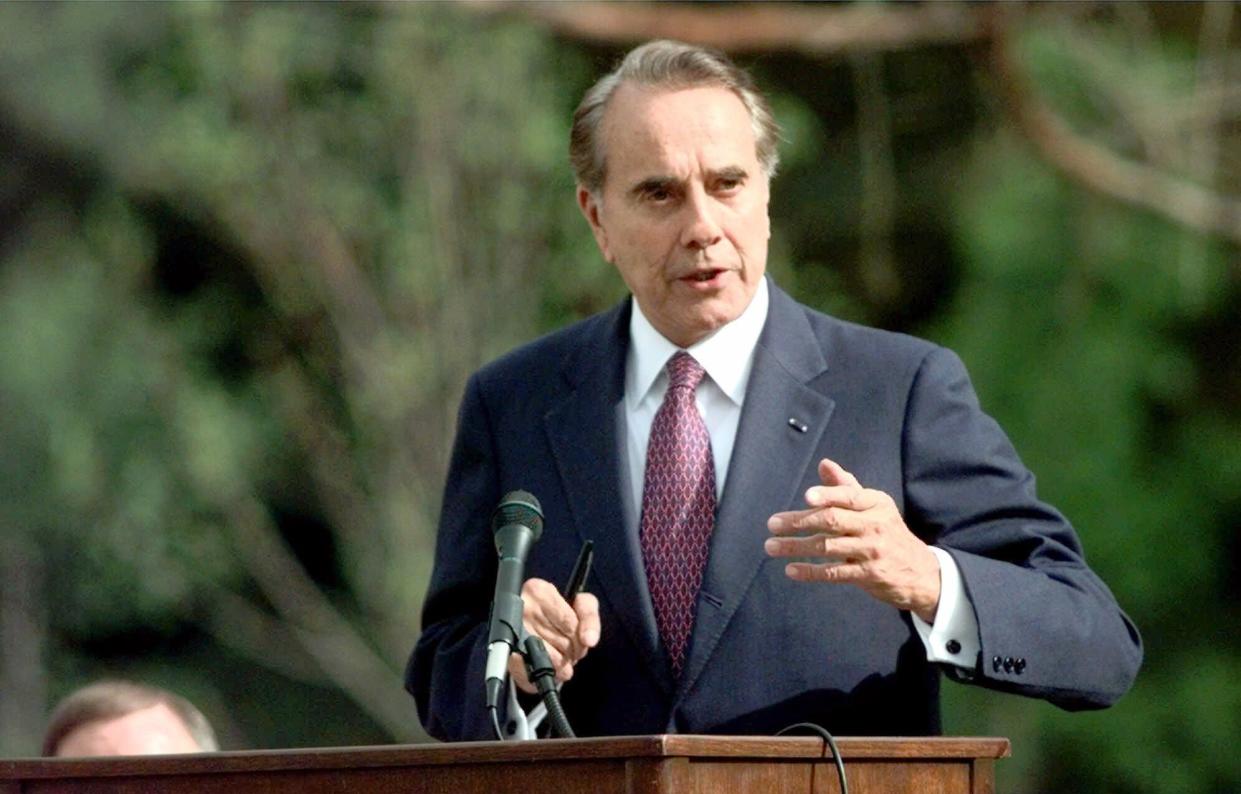 Bob Dole, former U.S. Senate majority leader and Republican presidential nominee, addresses a rally at the University of Oklahoma on April 14, 1999. 