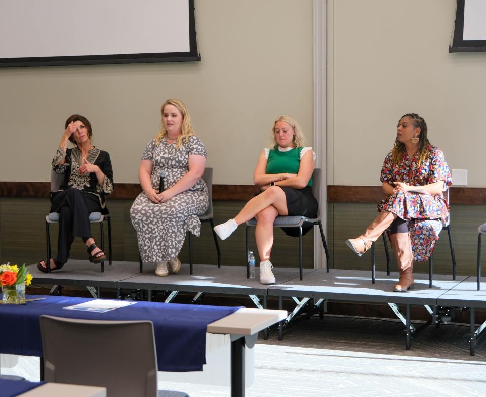 From left, Traci Prather, Adrienne Mims, Rachel Chandler, and Rachel Aragon discussed using the reading program on May 9 at the Leaders Readers Network Teacher Appreciation Event in Amarillo.