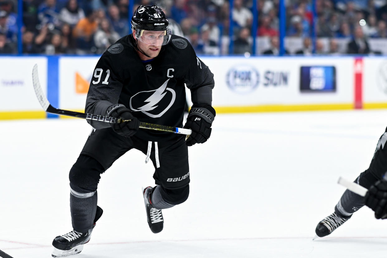 Nov 30, 2019; Tampa, FL, USA; Tampa Bay Lightning center Steven Stamkos (91) skates on the ice during the third period against the Carolina Hurricanes at Amalie Arena. Mandatory Credit: Douglas DeFelice-USA TODAY Sports