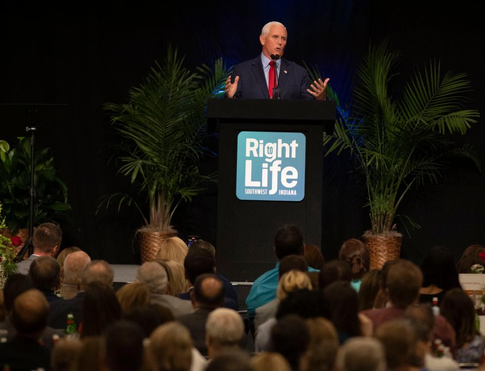 Former Vice President and Indiana Governor Mike Pence speaks at the Right to Life of Southwest Indiana Annual Banquet at the Old National Events Plaza in Downtown Evansville, Ind., Thursday evening, Aug. 25, 2022. 