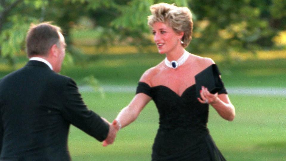 Diana, Princess of Wales, wore her famous black "revenge dress" commissioned from Christina Stambolian, to attend the Vanity Fair party at the Serpentine Gallery on November 20, 1994