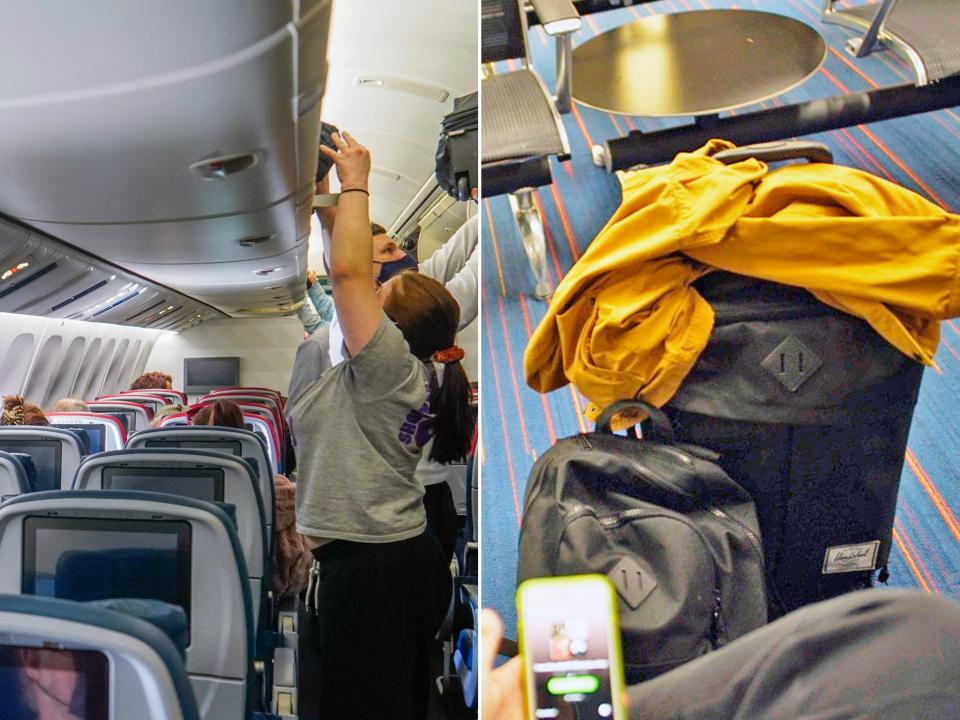 Luggage in an ariport and on a flight