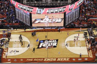 FILE - Duke players celebrate on the court after their 68-63 victory over Wisconsin at Lucas Oil Stadium in the NCAA Final Four college basketball tournament championship game in Indianapolis, in this April 6, 2015, file photo. Lucas Oil Stadium is one of six venues hosting NCAA Tournament games later this week.(AP Photo/David J. Phillip, File)